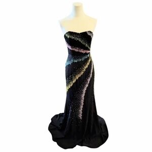 Riva Designs Formal Evening Strapless Beaded Black Gown with Train Size 4